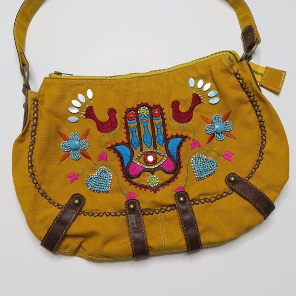 Mare Sole Amore Embroidered Eye Beaded Rhinestone Leather Strap Shoulder Bag - Picture 2 of 16